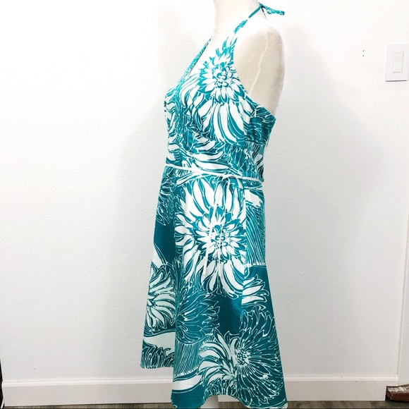 Ann Taylor Petite Teal Floral Halter Dress SZ 10P - Picture 2 of 6